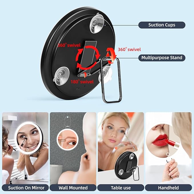 10X Magnifying Mirror with Lights, 6inch Makeup Magnifying Mirror 10X Lighted Magnification with Adjustable Stand & 3 Suction Cups - for Detailed Makeup,Shaving,Blackhead Blemish Removal