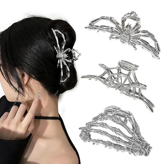 3 Pieces Large Metal Spider Net Hand Hair Claw Clips for Women and Girls Thick Long Hair, Nonslip Skeleton Spooky Barrette Headband Hair Styling Accessories for Halloween Christmas Gifts