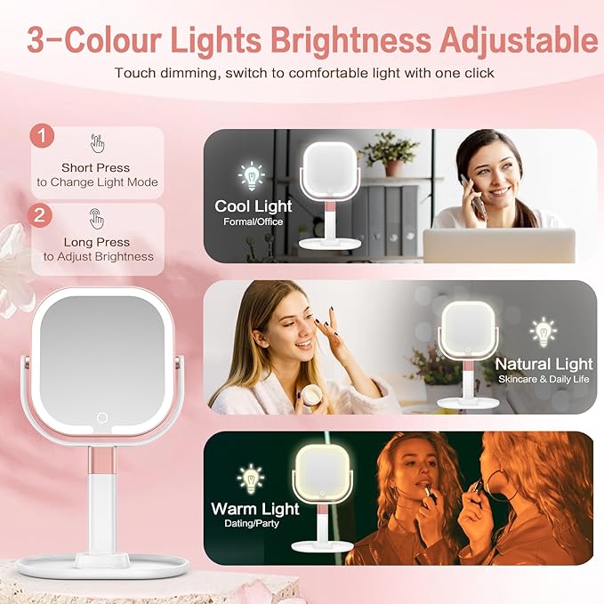 Makeup Mirror with Lights, 1X/10X Magnifying Vanity Mirror with 3 Colors, 2000mAh Rechargeable Double Sided Magnifying Mirror, Height Brightness Adjustable, 360° Rotation Vanity