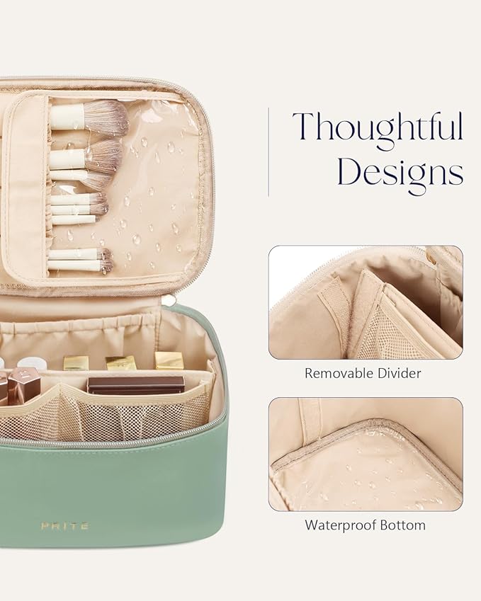 Prite Makeup Bag Portable Cosmetic Organizer with Brush Holder Waterproof Travel Toiletry Bag for Women with Handle and Divider (Green)