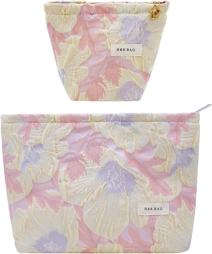 2 Pcs Makeup Bags, Large Cosmetic Bag Travel Toiletry Bag Organizer for Women, Embroidery Craft, Floral Makeup Bag Small Cosmetic Pouch Purse with Zipper Gifts for Girls Teen