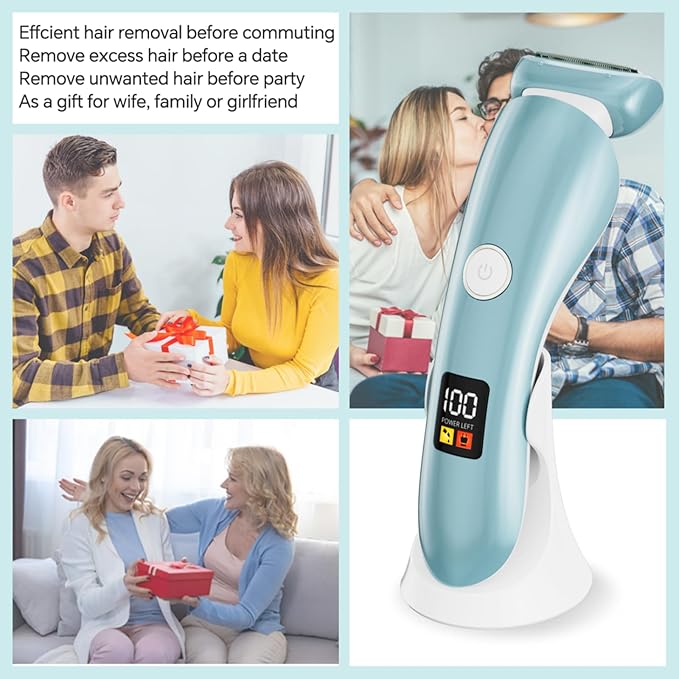 Electric Shaver for Women, Bikini Trimmer Wet & Dry Use, Body Hair Removal, Electric Razors for Leg Armpit Public Painless, Cordless Rechargeable Trimmer, Detachable Head, with LED Light
