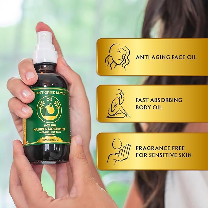 Ancient Greek Remedy - Hydrating Face Oil for Women - Anti-Aging Serum with Organic Jojoba, Rosehip, Sweet Almond, Olive, and Vitamin E - Fast Absorbing Body Oil for Dry Skin - Fragrance Free, 4 fl oz