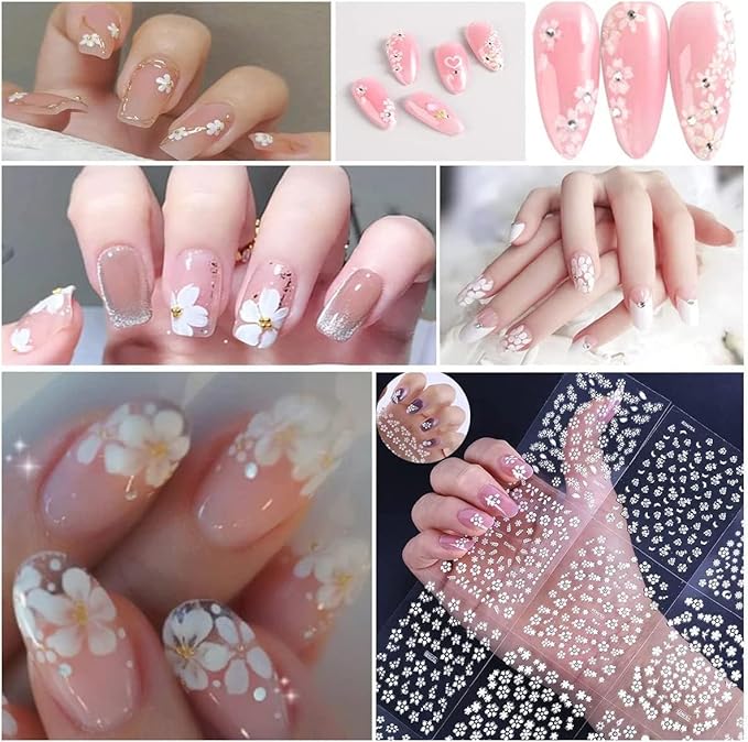 White Flower Nail Art Stickers White Flower with Rhinestones Nail Decals 3D Self Adhesive Nail Stickers Nail Art Designs Flowers Sticker for Nails Decorations 30 Sheets