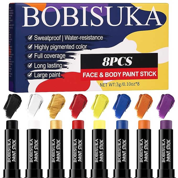 8PCS Face Body Paint Stick, Oil Based Face Painting Kit for Halloween Clown Monster Skull Vampire Costume Cosplay Makeup, Sports Eye Black for Football, Baseball, Softball