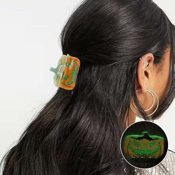 2 Pcs Halloween Hair Claw Clips Glow in the Dark Hair Clips Pumpkin Ghost Hair Claws Halloween Party Hair Claw Clips Cute Hair Accessories for Women's Thin or Thick Hairs (Luminous)
