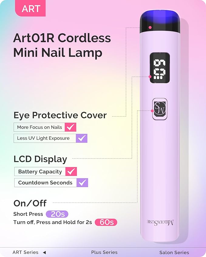 MelodySusie Handheld UV Light for Gel Nails and Nail Rhinestone Glue, ART01R Cordless Gel X Nail Lamp Rechargeable with LCD Display Flash Cure Nail Dryer for Nail Art Design Decoration DIY at Home