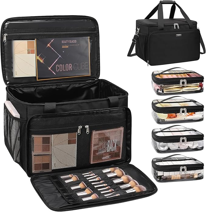 Extra Large Makeup Bag Travel Makeup Case Professional Makeup Artist Bag with 4 Clear Pouches Hairstylist Cosmetic Bag with Detachable Dividers and Shoulder Straps