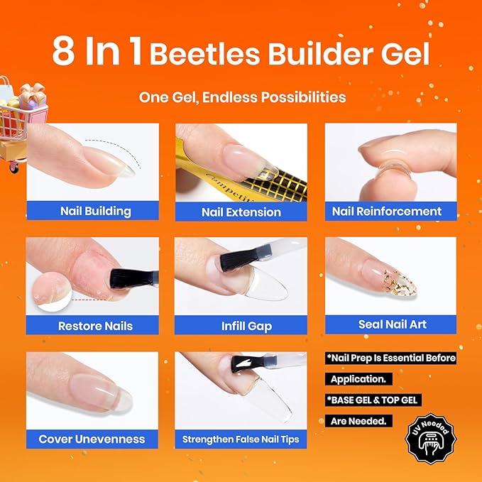 Beetles Builder Gel for Nails, 2 Pcs 0.51 oz 8 in 1 Clear Builder Nail Gel Set for Nail Apex Extension LED Lamp Cured Strengthening Nails for Beginners & DIY Fall Nails Salon Manicurist Women