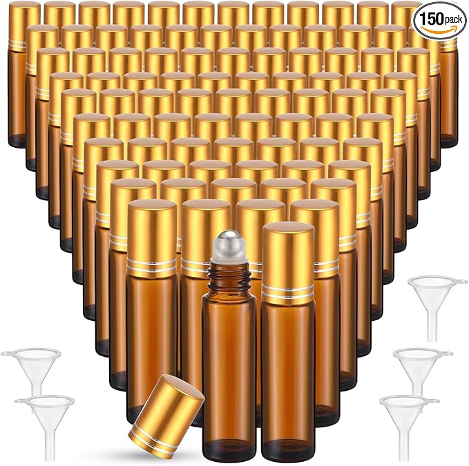 Sumind 150 Pcs Essential Oil Roller Bottles 10 ml Glass Empty Roll on Bottles with Stainless Steel Balls Leak Proof with 5 Funnel for Travel Essential Oil(Amber, Gold)