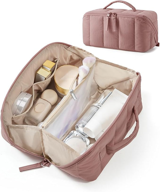 BAGSMART Travel Makeup Bag for Women, Portable Water-resistant Cosmetic Case, Puffy Padded Make Up Organizer Pouch, Open Flat Toiletry Bag for Toiletries, Brushes, Dark Pink