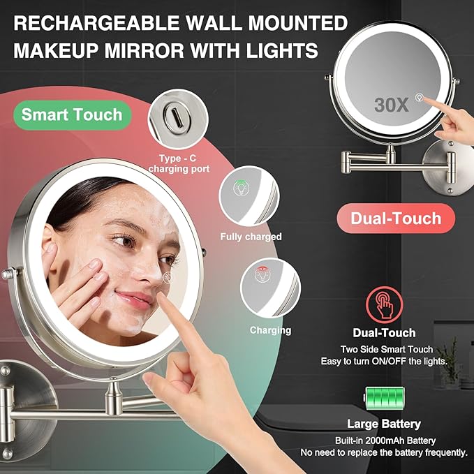 30X/1X Wall Mounted Makeup Mirror with Light: 8.5 Inch Double-Sided, 3 Color Modes, USB-C Rechargeable, 360° Swivel, Brushed Nickel