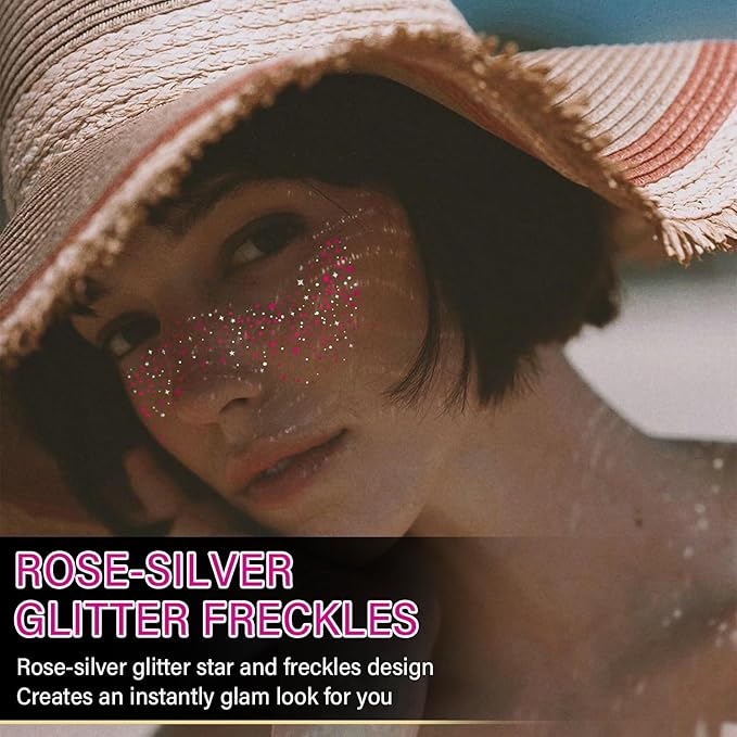 10 Pcs Rose-Silver Laser Glitter Freckles, Rose and Silver Glitter Freckles Face Tattoo, Waterproof Face Sparkle Freckles, Long-lasting 48h Freckles for Women