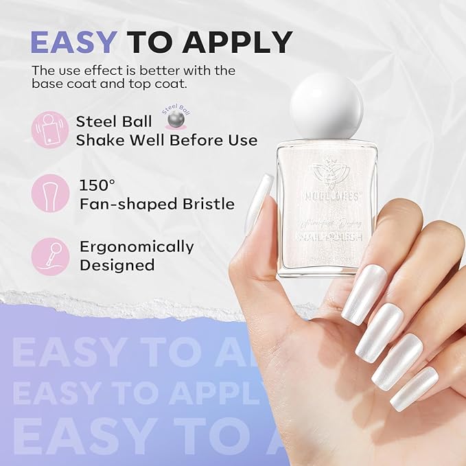modelones Pearl White Nail Polish, Shimmer Glitter White 15 ml Quick Dry Nail Lacquer Strengthener Long Last Shine Fingernail Toe Nail Art DIY Home Travel Manicure Gift for Women Girls 0.5 Fl Oz