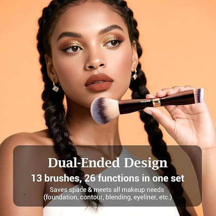 MAANGE Makeup Brush Set with Case Double-ended Makeup Brushes for Foundation Contour Liquid Powder Concealer Eye Shadows Cream Cosmetics Blending Blush Makeup Tools (Coffee Brown, 13 PCS)