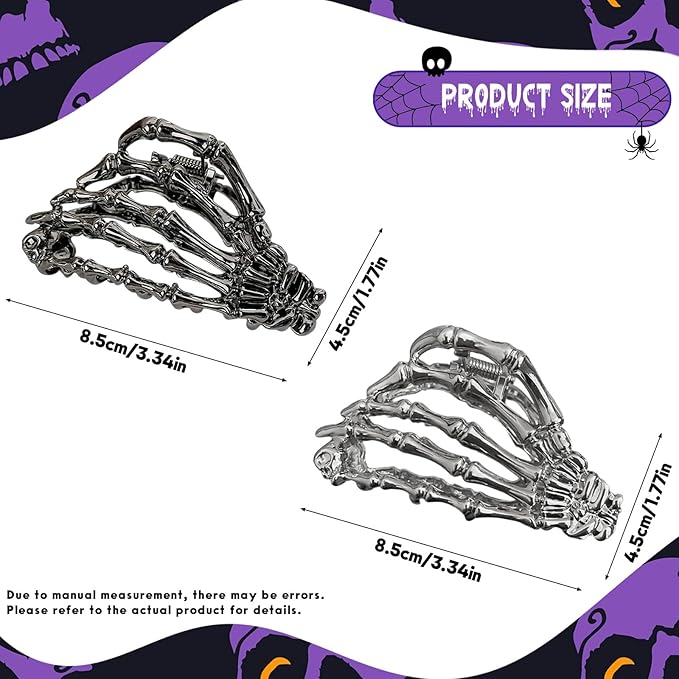 2 Pcs Halloween Hair Clips Black Sliver Skeleton Hand Hair Claw Clips Metal Non Slip Hair Claw Gothic Claw Clip Halloween Hair Accessories for Women's Thick or Thin Hairs