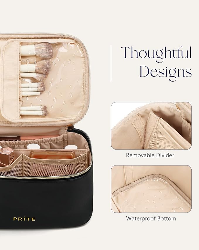 Prite Makeup Bag Portable Cosmetic Organizer with Brush Holder Waterproof Travel Toiletry Bag for Women with Handle and Divider (Black)