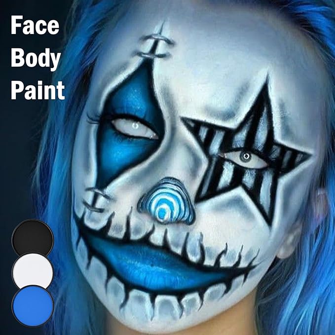 White Black Blue Foundation Face Body Paint, Halloween Makeup Face Painting Kit with Painting Brushes and Makeup Sponge for Kids & Adults Halloween The Smurfs Avatar Elf Cosplay Party-30g