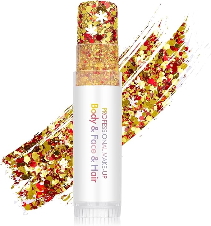 Body Glitter Stick,Face Hair Holographic Sparkling Neon Outfit Singer Concert Music Rave Festival Party Accessories Glitter Makeup.(Gold & Red & White)