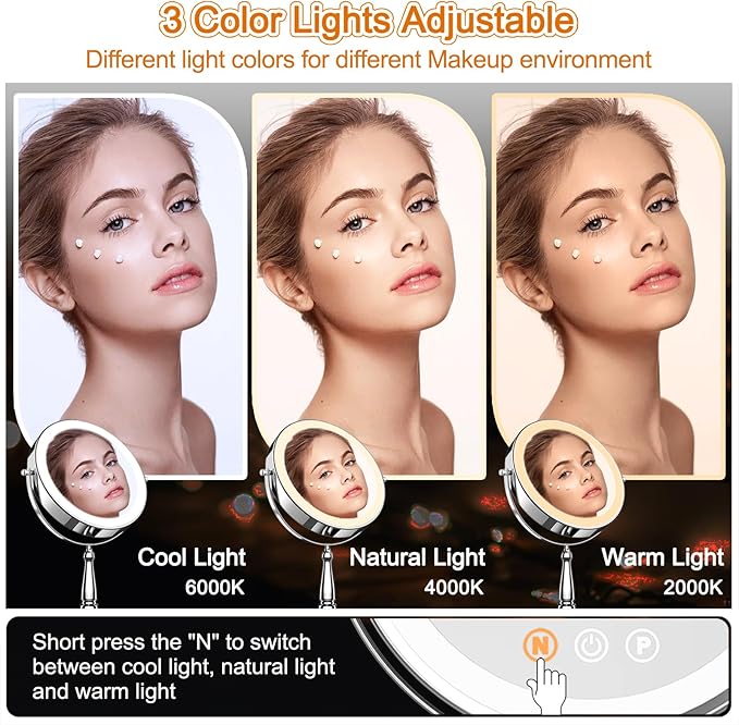 Makeup Mirror with Lights, 9 Inch 20X Magnifying Mirror with Light and 3 Colors for Women, Vanity Mirror with Lights and Adjustable Brightness, Lighted Magnified Mirrors for Delicate Makeup