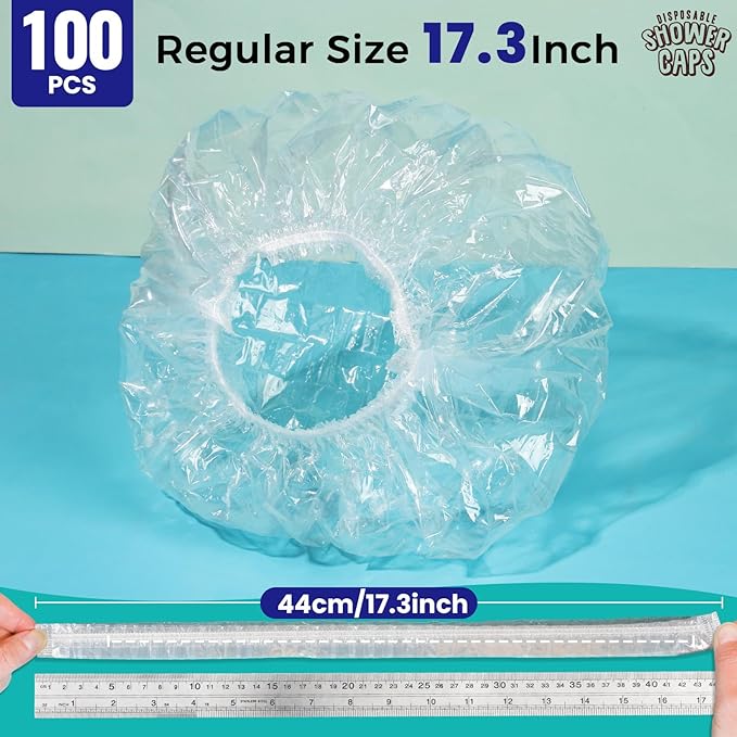 LEOBRO 100PCS Disposable Shower Caps, Shower Caps for Women Disposable, Clear Plastic Shower Cap, Plastic Hair Caps for Hair Treatment, Regular Size 17.3 INCH