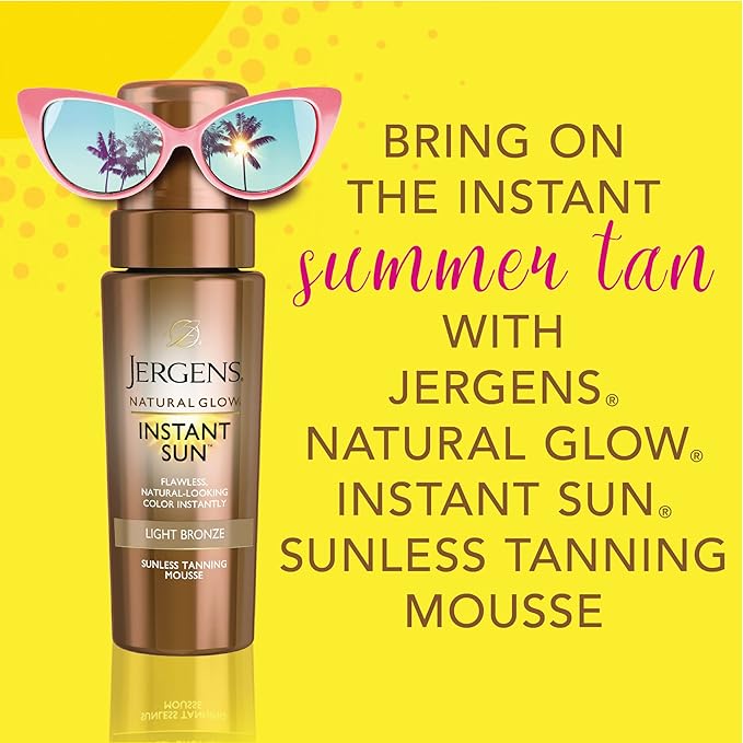 Jergens Natural Glow Instant Sun Body Mousse, Self Tanner for Light Bronze Tan, Sunless Tanning Body Bronzer for Natural Looking Color Instantly, 6 Oz