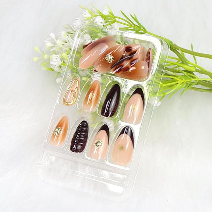 French Tips Press on Nails Medium Almond Fake Nails with Chrome 3D Star Gold Pearl Designs Brown Gradient Nude Glossy Acrylic Nail Fall Winter Stick on Nail for Women 24 Pcs