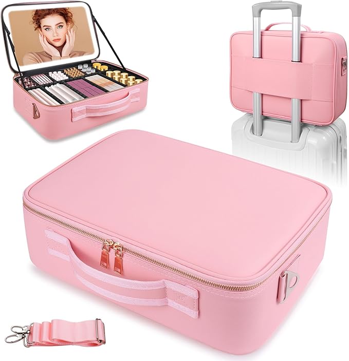 15"×11" Large Pink Makeup Bag with Mirror, Personal Item Travel Bag with Makeup Mirror 3 Lights, Waterproof Train Case with Mirror and Adjustable Dividers,Professional Lighted Makeup Case
