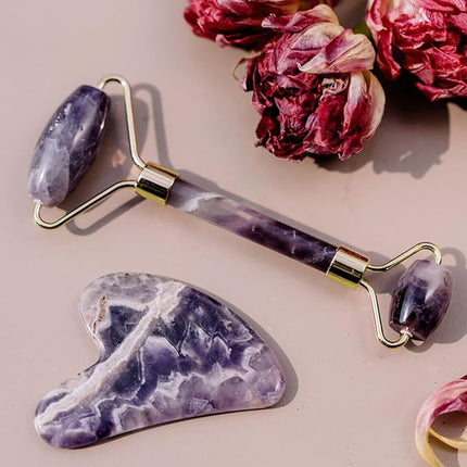 ROSELYNBOUTIQUE Gua Sha Facial Tools & Face Roller Original Face Massager for Puffiness Wrinkless Skin Care Routine - Self Care Gift for Men Women (Amethyst)