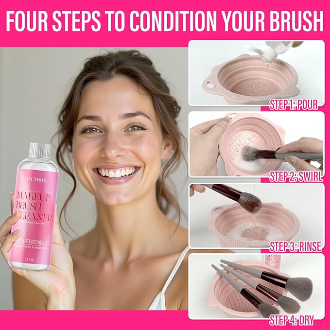 Makeup Brush Cleaner Solution, 6.8 Fl Oz Deep Cleansing Make Up Brush Cleaner Cleanser for Brushes, Sponge, Puff, Professional Makeup Brush Shampoo with Foldable Silicone Cleaner Bowl