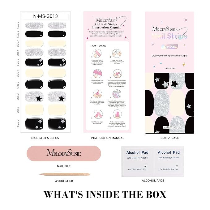 MelodySusie 20 PCS Semi Cured Gel Nail Strips UV Light Required, Durable and Salon Quality (Black and White)