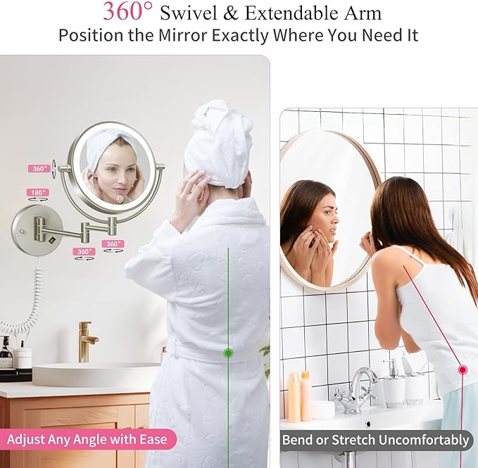 Wall Mounted Makeup Mirror with Lights, 30X/1X Double-Sided Magnifying, Plug-in Lighted Vanity Mirror with 3 Color Modes, Dimmable Brightness, 360° Swivel Extendable Arm for Bathroom & Grooming