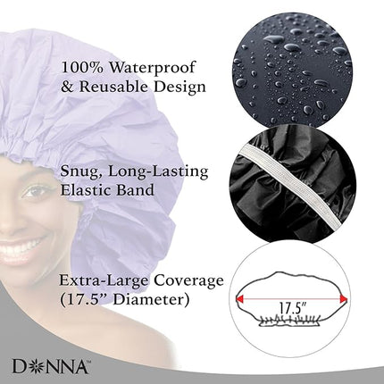 DONNA Super Jumbo Shower Cap – Comfortable Elastic Band, 100% Waterproof Hair Cap for Long Hair, Braids & Thick Styles, Reusable Big Shower Cap for Women, Keeps Hair Dry & Protected, NAVY