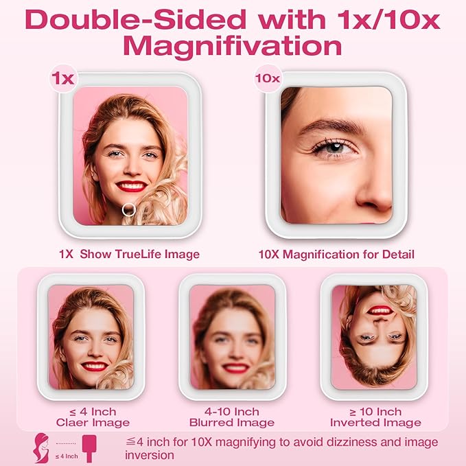 Portable Travel Makeup Mirror with Lights, Double Sided 1X/10X Magnifying Mirror, 3 Color Adjustable Lighting Touch Screen, Rechargeable Lighted Beauty Mirror, Tabletop Handhold Hanging (White)