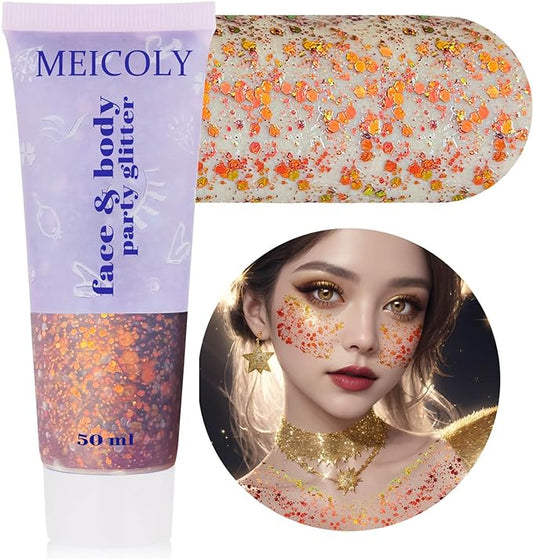 MEICOLY Chameleon Sunset Red Body Glitter,Chunky Glitter Paint,Color Changing Mermaid Face Glitter Gel,Holographic Glitter Sequin for Face Body Hair,Halloween Festival Party Glitter Makeup,50ml