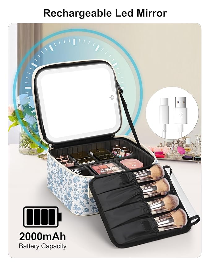 Relavel Travel Makeup Bag with LED Mirror, Portable Cosmetic Train Case with 3 Color Lighted Brightness Mirror, Makeup Artist Organizer Storage with Adjustable Dividers Make Up Box - Blue Flower