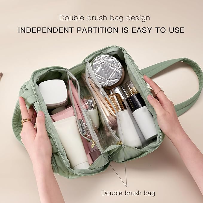 Makeup bag, Large Capacity Cosmetic Bag for Women, Portable Wide-open Toiletry Bag, Travel Makeup Bag with TPU Compartments for Accessories, Essentials, Toiletries, Makeup Brush Bag, Green