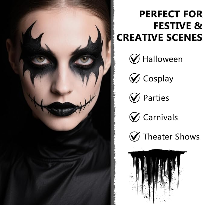 Black Face Body Paint Kit for Kids & Adults, Non-Toxic Water-Based Professional Face Painting Palette with Brushes for Halloween Clown Goth Vampire SFX Makeup, Art Stage Cosplay Parties