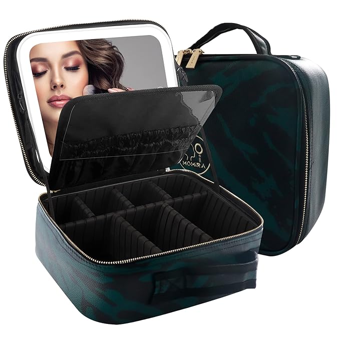 MOMIRA Makeup Bag with Mirror and Light Travel Makeup Train Case Cosmetic Organizer Portable Artist Storage Bag with Adjustable Dividers Makeup Brushes Storage Organizer Zebra-Green