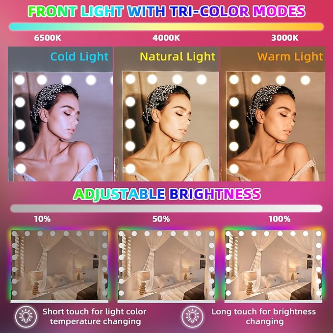 VANITII Vanity Mirror with RGB Lights 32"x23" Hollywood Makeup Mirror with 18 Dimmable Bulbs Lighted Vanity Mirror with Smart Touch for Bedroom Dressing Room