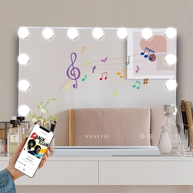 VANITII Vanity Hollywood Mirror with Lights Speaker USB Charging Lighted Makeup Mirror with Bulbs 3 Lighting Modes and Desktop Light up Mirror for Bedroom Dressing Room