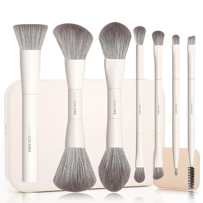 13-in-1 Dual-Ended Makeup Brush Set with Sponge & Travel Case – 7 Multi-Functional Brushes for Face & Eyes – Soft Bristles, Wooden Handles – Available in Cream, Green, or Pink (Cream White)