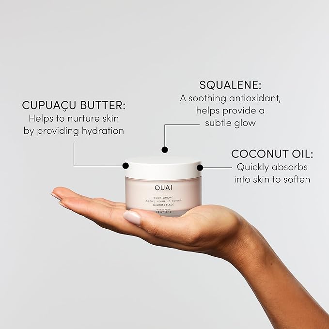 OUAI Body Cream Travel Size, Melrose Place - Hydrating Whipped Body Cream with Cupuaçu Butter, Coconut Oil & Squalane - Softens Skin and Delivers Healthy-Looking Glow - Sulfate Free Skin Care (3.4 Oz)