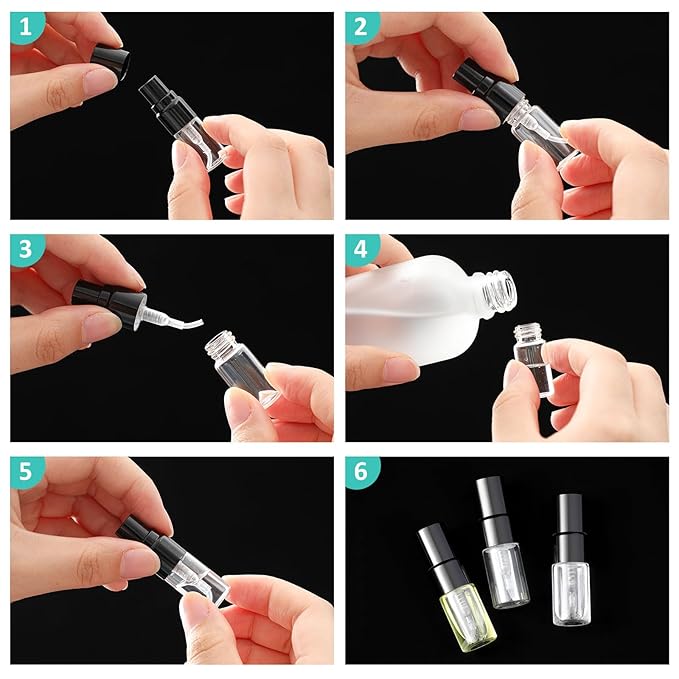 Zhehao 50 Pcs Mini Spray Bottles 2 ml Clear Glass Perfume Bottles Refillable Fine Mist Perfume Atomizer Portable Empty Sample Containers for Cleaning, Essential Oils, Travel (Black Cap)