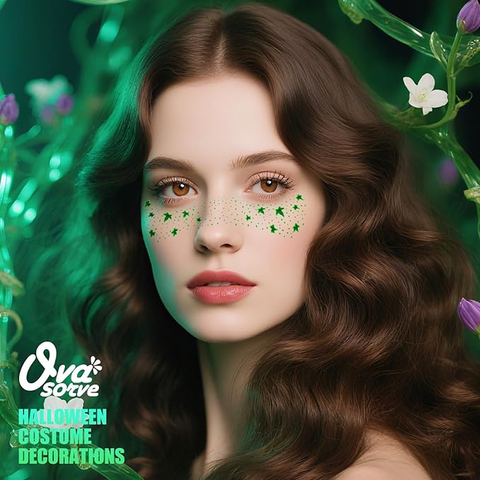 Ivy Leaf Freckles Face Tattoo - Green Glitter Face Gems & Vine Temporary Tattoos | Waterproof Halloween Makeup Kit for Halloween Ivy Costume, Festival Cosplay, Rave Party Favors (8 Sheets)