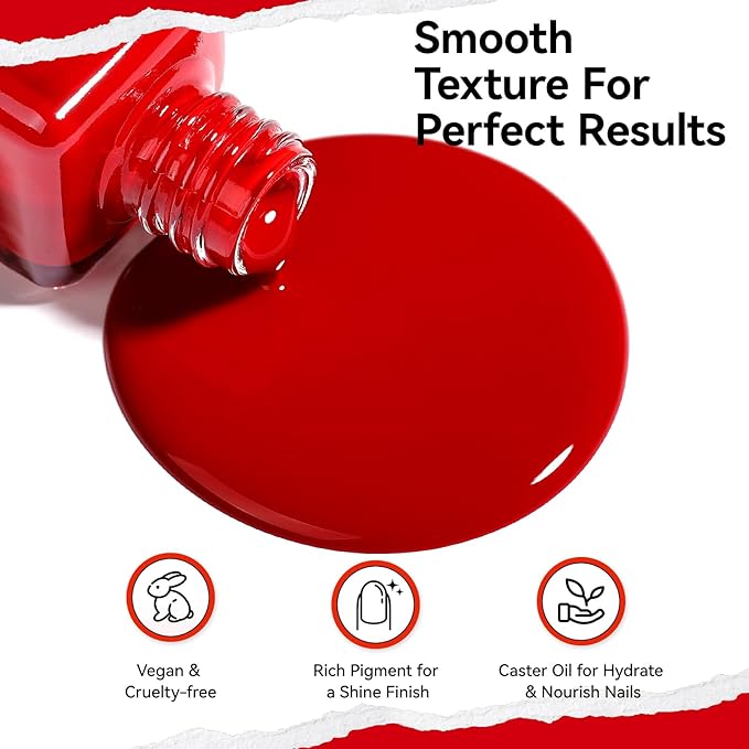 Red Nail Polish French Nail Art Regular Nail Polish 9-Toxic Free Vegan Enrich with Castor Oil Fast Dry Classic Toe Fingernail Polish Manicure Salon DIY Design at Home Gift for Girls Woman