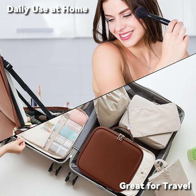 Travel Makeup Bag with LED Mirror and 10x magnifying glass with 3 Lighted Settings, Adjustable Dividers and Makeup Brush Storage Bag Dark Brown