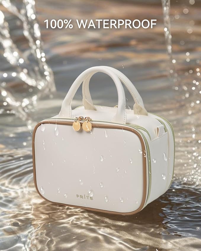 Prite Makeup Bag for Women, Large Capacity Waterproof Travel Cosmetic Organizer, Portable Open Flat Toiletry Bag with Free-standing Brush Holder and Handle(Beige Large)