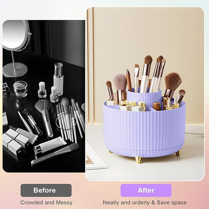 Diesisa Makeup Brush Holder Organizer,360° Rotating Makeup Brush Organizer,5 Slot Make up Brushes Cup for Cosmetics, Nail Polish, Art Supply, Bathroom Vanity Desktop Organizer - Purple