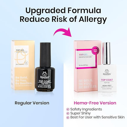 Beetles HEMA Free Gel Top Coat, 15ml No Wipe Top Coat Gel Nail Polish Clear Color Glossy Shine Nail Protection Long Lasting Soak Off Nail Lamp